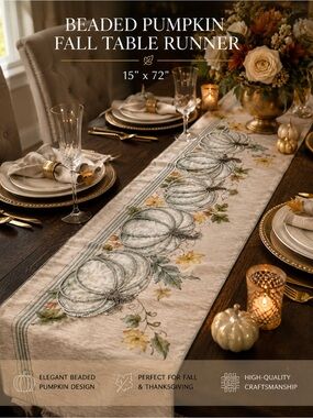 Beaded Pumpkin Fall Table Runner in Neutral Taupe